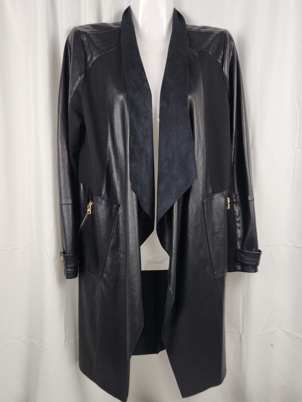 Marc New York Black Draped Faux Leather Trench with Shawl Lapel